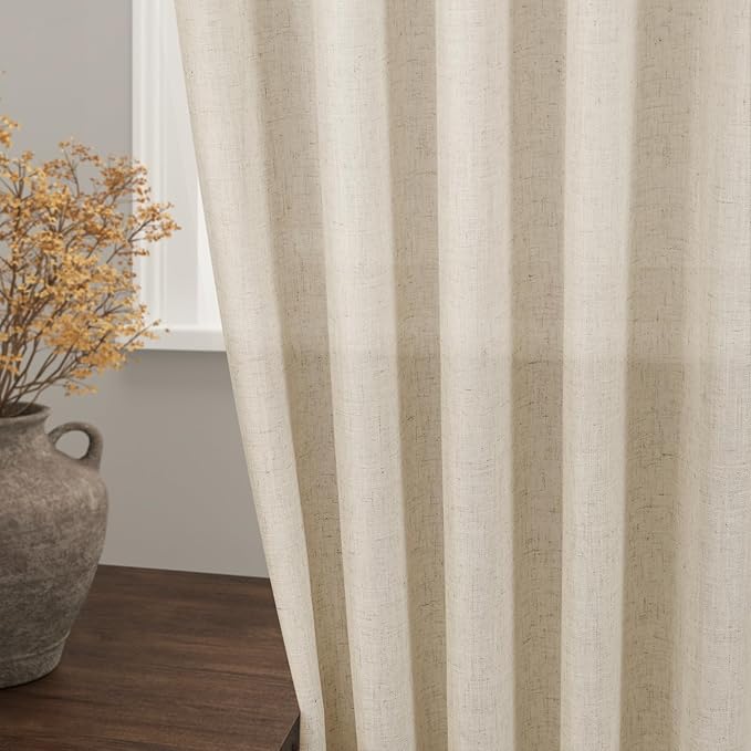 Nanspring Beige Cafe Curtains 45 Inch Length Set 2 Panel Back Tab Pocket Semi Sheer Short Linen Beige Curtain Tiers for Small Bathroom Window Basement 38x45