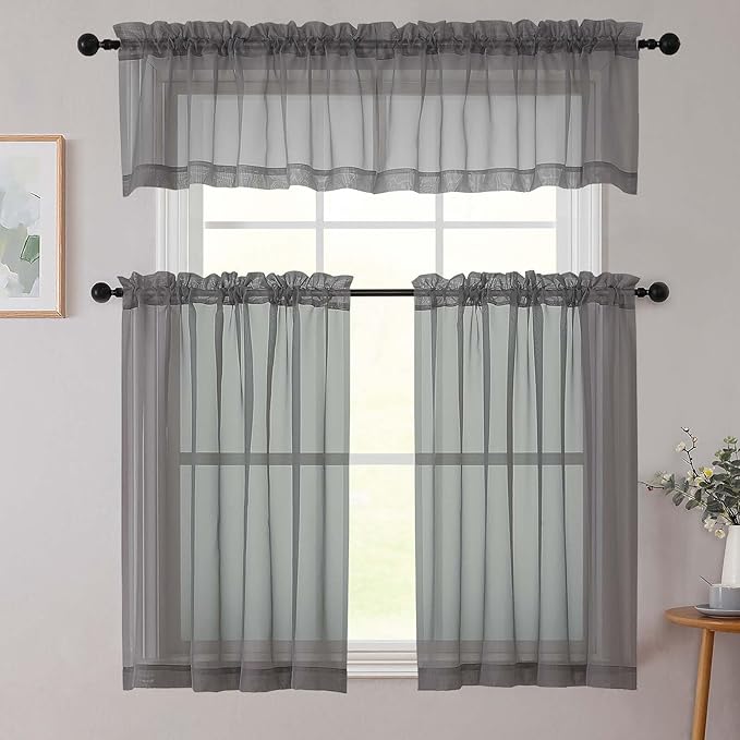 Kitchen Curtains 24 Inch Length Tier 2 Pieces, Grey Sheer Curtain Solid Soft Sheer Short Curtains for Windows, Cafe Bathroom Basement Rod Pocket Drapes, Grey, Each 42" Wx24 L Inch