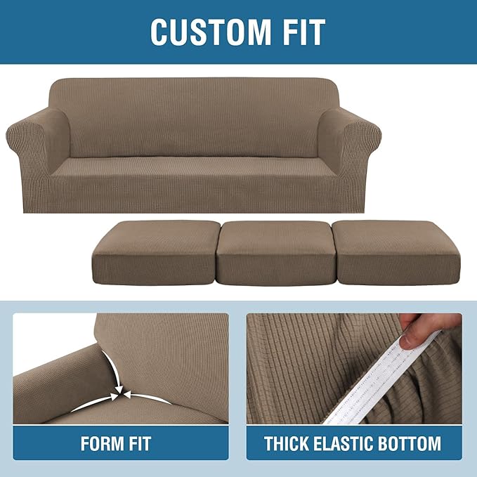 H.VERSAILTEX 4 Piece Stretch Sofa Covers for 3 Cushion Couch Covers for Living Room Furniture Slipcovers (Base Cover Plus 3 Seat Cushion Covers) Thicker Jacquard Fabric (Large Sofa, Macchiato)