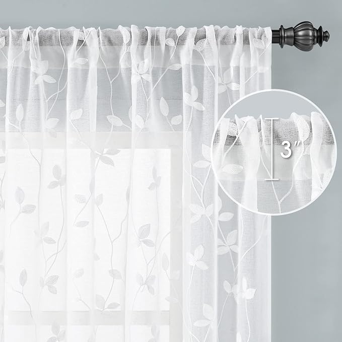 HOMEIDEAS White Sheer Curtains 52 X 63 Inches Length 2 Panels Embroidered Vine Floral Pattern Pocket Faux Linen Semi Sheer Voile Window Drapes for Bedroom Living Room