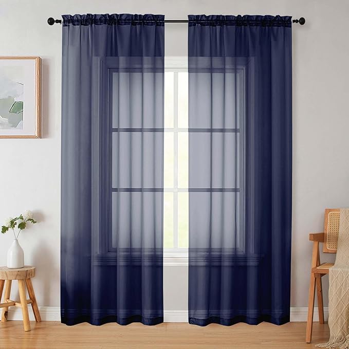Navy Blue Sheer Curtains 84 Inches Long 2 Panels, Soft Airy Light Filtering Curtains for Bedroom Living Room, Rod Pocket Privacy Drapes Window Treatments, Navy Blue, Total Wide 84 Inch