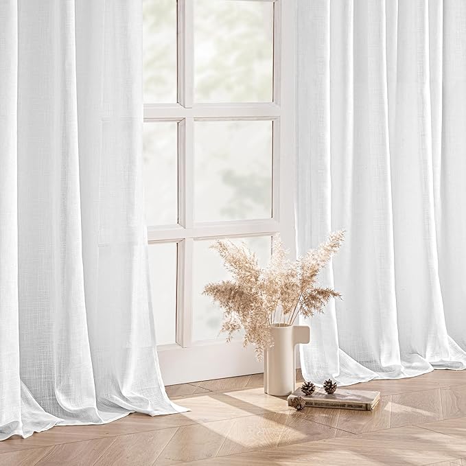 MIULEE White Linen Curtains Short 60 Inch Length 2 Panels for Kitchen Bedroom, Soft Thick Linen Textured Window Drapes Semi Sheer Light Filtering Back Tab Rod Pocket Burlap Look Decor