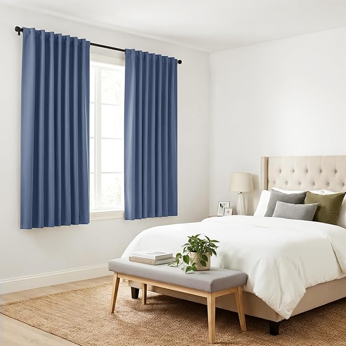 PONY DANCE Blue Room Darkening Curtains 45 inch Length, Window Treatment Panels Back Tab/Rod Pocket Thermal Insulated Short Blackout Curtains for Boy Bedroom, W 42 x L 45 Inches, Blue Haze, 2 Panels