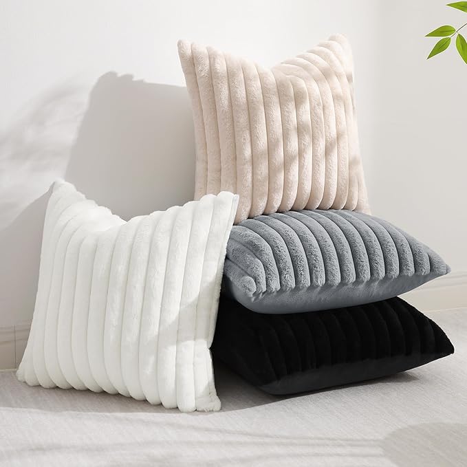decorUhome Cozy Faux Fur Throw Pillow Covers 20x20 Set of 2 Decorative Soft Plush Striped Modern Farmhouse Boho Couch Pillow Cases with Velvet Back for Sofa Bed Living Room, Black