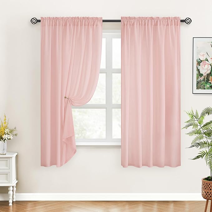 HOMEIDEAS Non-See-Through Blush Pink Privacy Sheer Curtains, 52 X 54 Inches Long 2 Panels Sheer Curtains Light Filtering Window Drapes for Bedroom Living Room