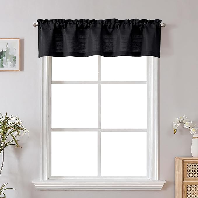 Chyhomenyc Black Valance for Windows, Light Filtering Faux Linen Solid Short Curtain Valance, Burlap Decorative Small Curtain for Kitchen Bathroom Laundry Basement, 60Wx12L inch, 1 Piece
