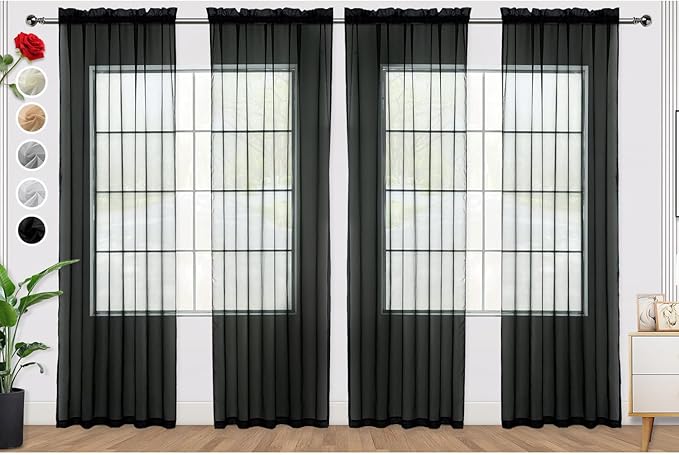 SpaceDresser Black Sheer Curtains 4 Panels Rod Pocket Semi-Sheer Curtain 84 Inches Long Light Filtering Voile Window Drapes for Bedroom Living Room Kitchen, Each 52W x 84L