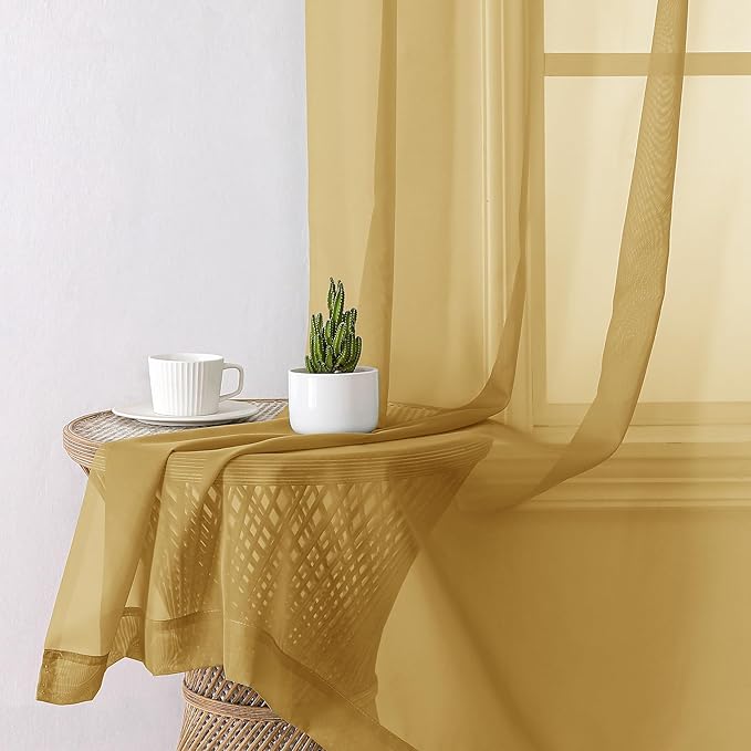 Aiyufeng Gold Sheer Curtains 63 Inch Length 2 Panels Set, Light Filtering Gold Window Curtain Drapes Treatment for Kitchen, Bedroom,Children Room, Dual Rod Pocket, 2 Pack of 42 x 63"