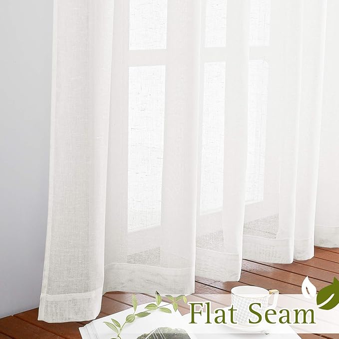 NICETOWN Faux Flax Linen Light Filtering Sheer Curtains for Sliding Door, Grommet Rustic Flax Window Treatment Semi Sheer Drapes for Farmhouse/French Door, Ivory, W70 x L84, Set of 2
