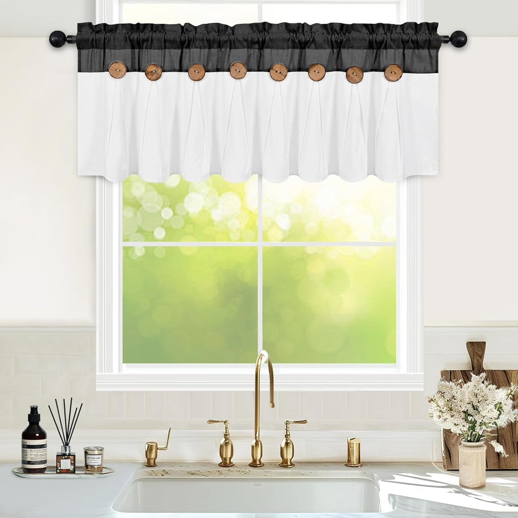 Farmhouse Valance Curtains, Boho Cotton Linen Kitchen Valance, Black Rustic Button Window Valance for Kitchen Bathroom Bedroom, Country Rod Pocket Valances for Windows, Black, 52 X 18 Inch
