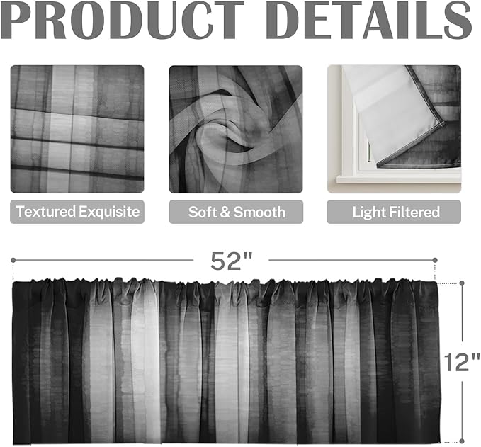 Emvency 2 Pack Valances Window Treatments, Black and Grey Striped Abstract Blackout Drapes Adjustable Curtain for Windows Living Room Kitchen Over Sink, 52x12 Inch Rod Pocket Valances
