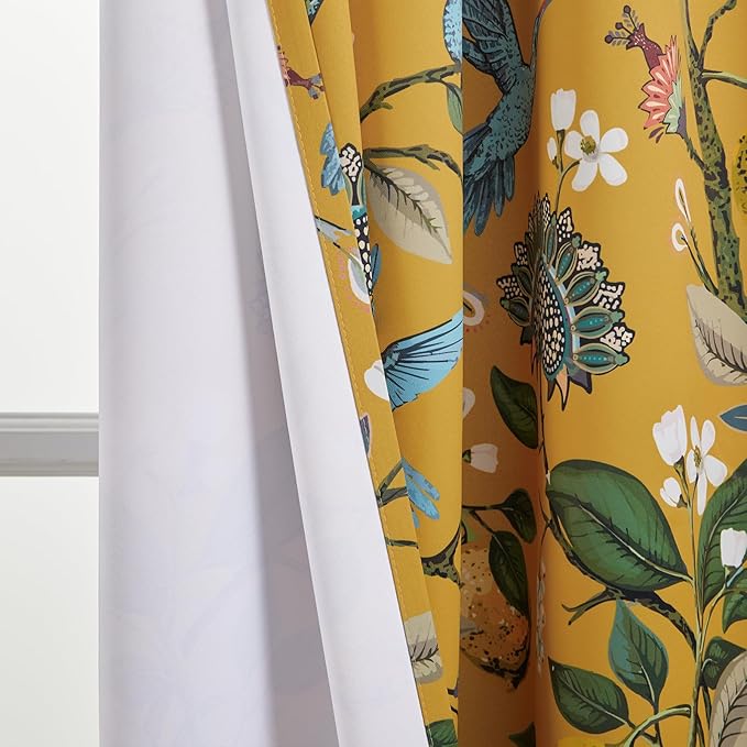 94 Inches Long Custom Satin Window Treatments,Retro Art Deco Floral Hummingbird Patterned Pretty Elegant Mustard Yellow Light Blocking Grommet Curtains Two Pages Curtains for Bedroom Playroom Room