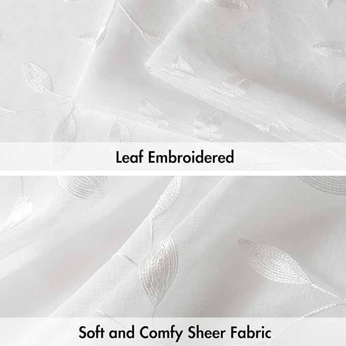 MIULEE White Sheer Curtains 2 Panels Embroidered Leaf Patterned Rod Pocket Floral Semi Sheer Faux Linen Window Curtains Drapes Set for Living Room Bedroom Dining Room, 52x84 Inches Long