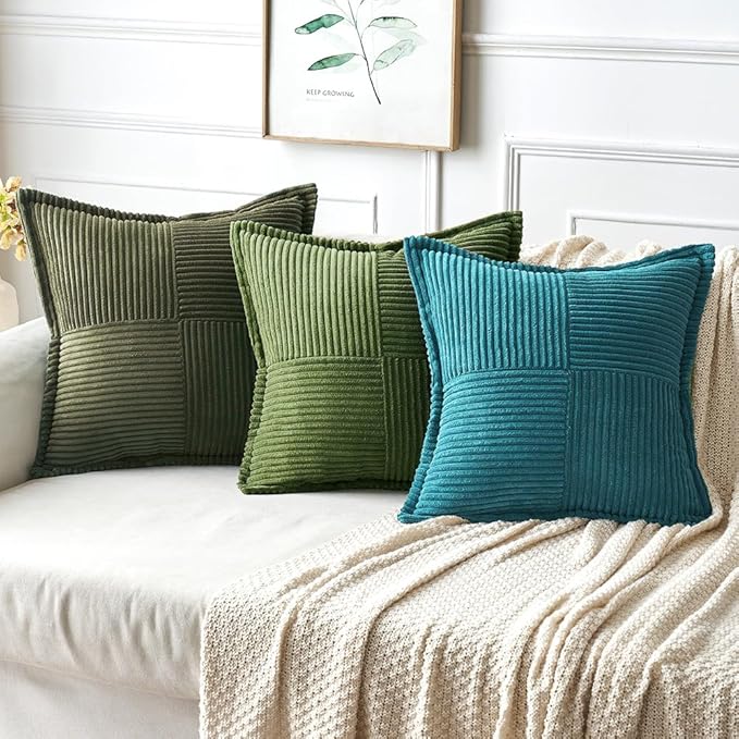 MIULEE Spring Decorative Throw Pillow Covers for Couch Bed Livingroom 18x18 Inch Set of 2 Moss Green Boho Accent Throw Pllows Broadside Striped Patchwork Soft Corduroy Summer Pillowcases