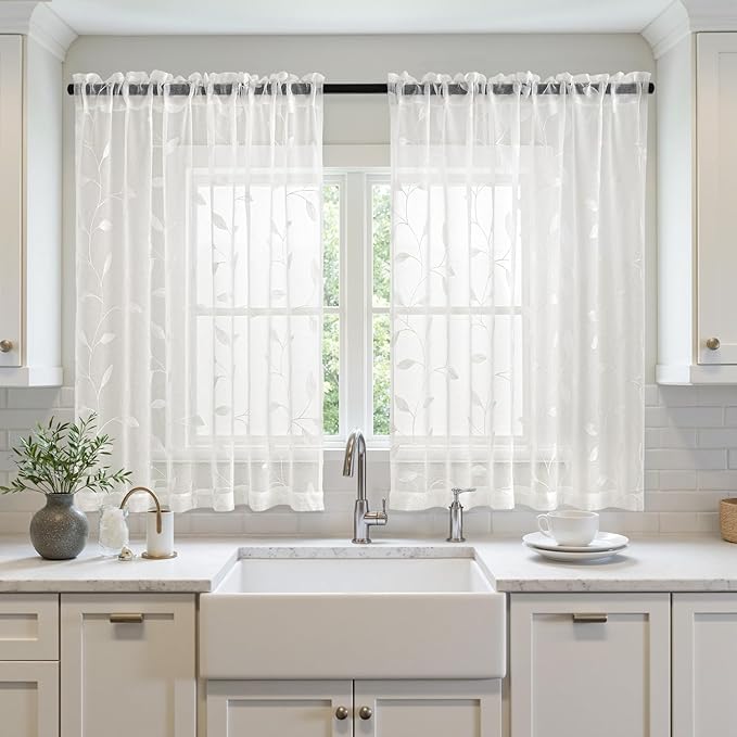 MIULEE Ivory Sheer Kitchen Curtains 30x36 Inches Length 2 Panels Embroidered Leaf Patterned Rod Pocket Floral Semi Sheer Faux Linen Short Window Curtains Drapes Set for Bathroom Cafe