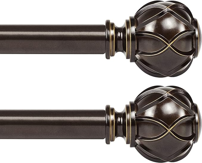 KAMANINA 1 Inch Curtain Rod Telescoping Single Drapery Rod 28 to 48 Inches (2.3-4 Feet), 2 Pack Antique Bronze Curtain Rods for Windows 16 to 44 Inches, Netted Texture Finials