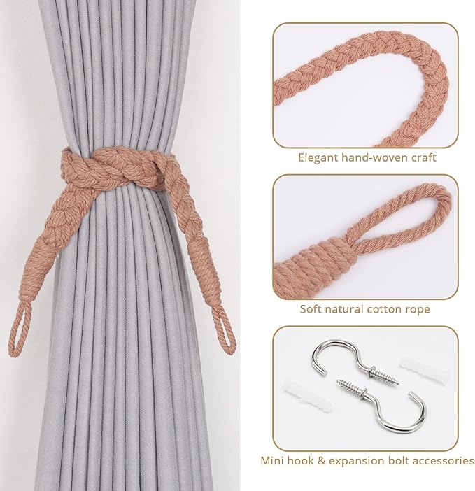 NICEEC 2 Pack Natural Cotton Rope Curtain Tiebacks Elegant Boho Style Decorative Drape Tie Backs Soft Hand-Woven Rope Curtain Holdbacks with Metal Hook for Home & Office Drapery (Reddish Brown)