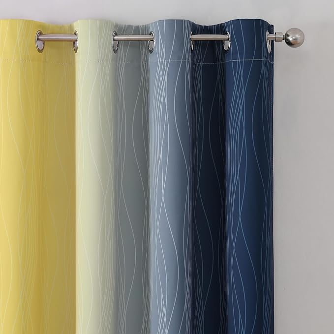 Estelar Textiler Navy Blue and Yellow Ombre Blackout Curtains 102 Inches Long for Bedroom, Thermal Insulated Full Room Darkening Grommet Gradient Drapes for Living Room, 52Wx102L, 2 Panels