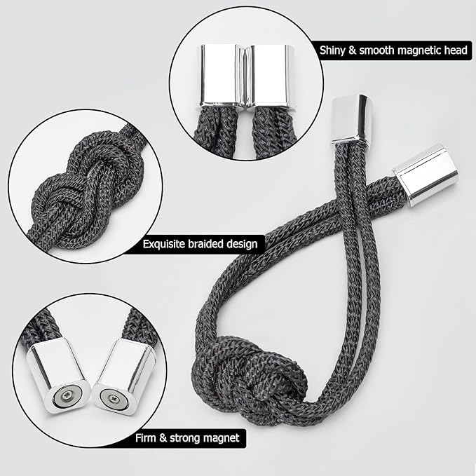 NICEEC 2 Pack Mini Magnetic Curtain Tiebacks Nordic Simple Style Drape Tie Backs Elegant Hand Weave Rope Knot Decorative Curtain Holdbacks for Home & Office Thin Window Drapery (Dark Grey)