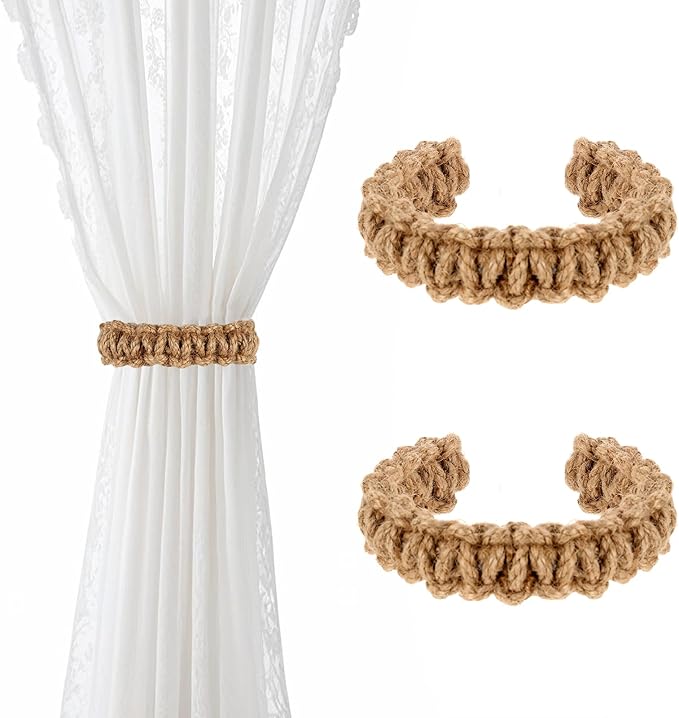 Ptwola 2 Pack Braided Curtain Tiebacks Boho Elegant Rustic Curtain Holdbacks Tie Backs Holders Set Simple Light Weight Drapes Decorative Accessories Handmade for Home Office Bedroom Window (2, Linen)