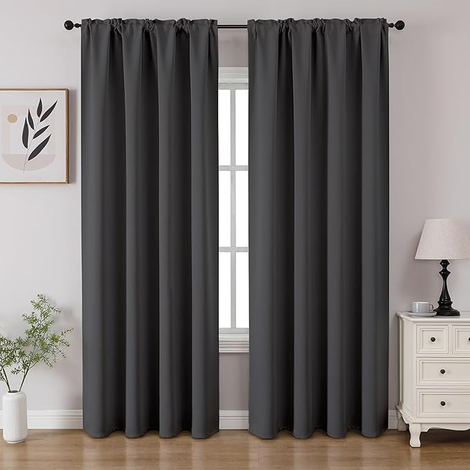 CUCRAF Dark Grey Blackout Curtains 72 inch Length 2 Panels Set, Rod Pocket Room Darkening Drapes for Bedroom Living Room, Insulated Thermal Light Blocking Window Curtain (W52 x L72 Inch)