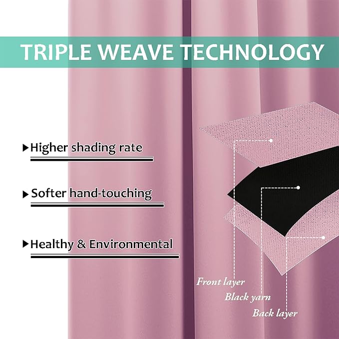NICETOWN Total Shade Curtains and Draperies, Heavy-Duty Full Light Shading Drapes with Black Liner Backing for Villa/Hall/Dorm Window（Crystal Pink, Package of 2 Panels, 52 inches Wide x 95 inches Long
