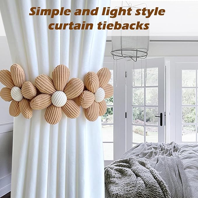 SRG Sunflower Curtain Tiebacks-2 Pack | Curtain Holdbacks with Three Flower | Curtain Tiebacks Boho | Japanese Curtain Ties | Cute Flower Curtain Ties Decorative for Bedroom Window Treatment （Khaki）