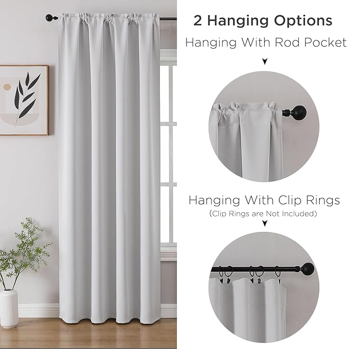 CUCRAF Blackout Curtains Room Darkening Window Curtain Panels, Rod Pocket Thermal Insulated Solid Drapes for Bedroom Living Room, Set of 2 Panels. 52 x 45 inch, Graywish White