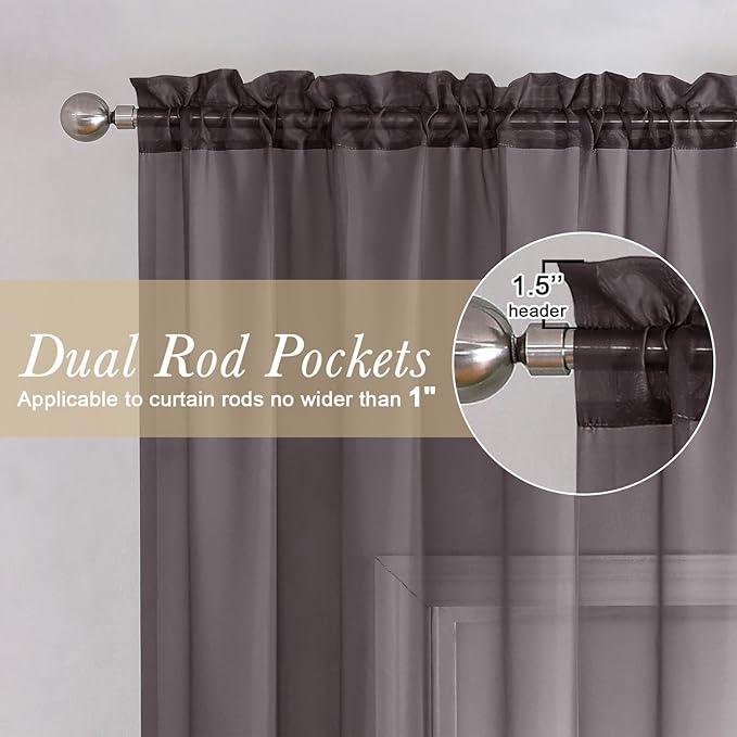 Lecloud Sheer Curtains 63 Inch Length 2 Panels Set, Chocolate Window Curtains for Bedroom, Voile Solid Light Filtering Living Room Curtain Drapes with Rod Pocket, Each Panel 42 X 63 Inch