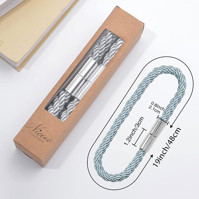 NICEEC 4 Pack Strong Magnetic Curtain Tiebacks Modern Simple Style Drape Tie Backs Convenient Decorative Weave Rope Curtain Holdbacks for Thin or Thick Home & Office Window Draperies (Blue-Grey)