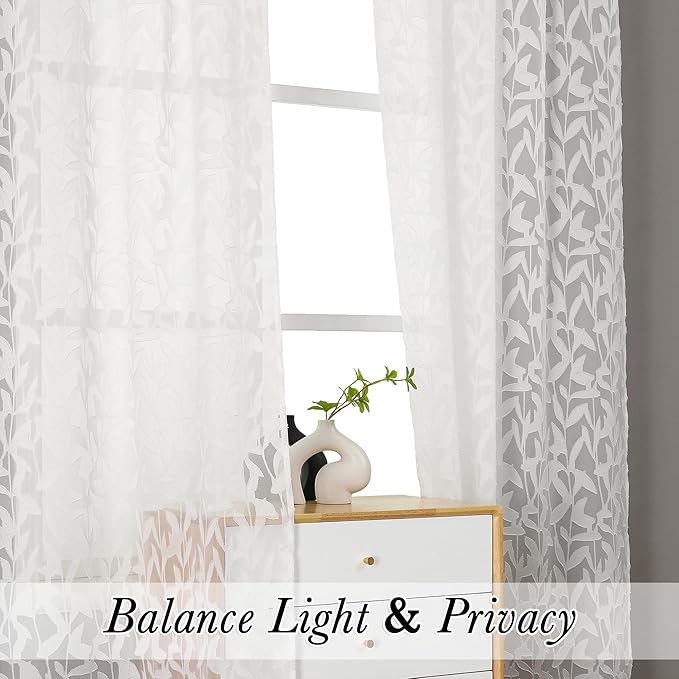Lecloud Leia Ivory Sheer Curtains 84 Inches Long 2 Panels, Airy Voile Jacquard Leaf Textured Curtains, Semi Sheer Farmhouse Rod Pockets Curtain Drapes for Bedroom Living Room, 52" W x 84" L