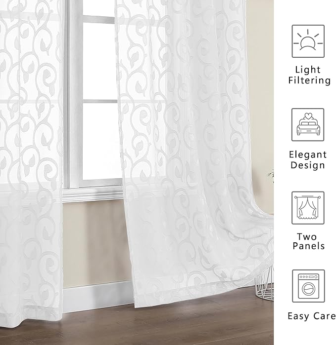 OWENIE Furman Sheer Curtains 63 inch Length for Bedroom Living Room 2 Panels Set, Jacquard Clip Textured Semi Sheer White Curtains, Light Filtering Rod Pocket Farmhouse Window Treatments, 40Wx63L inch
