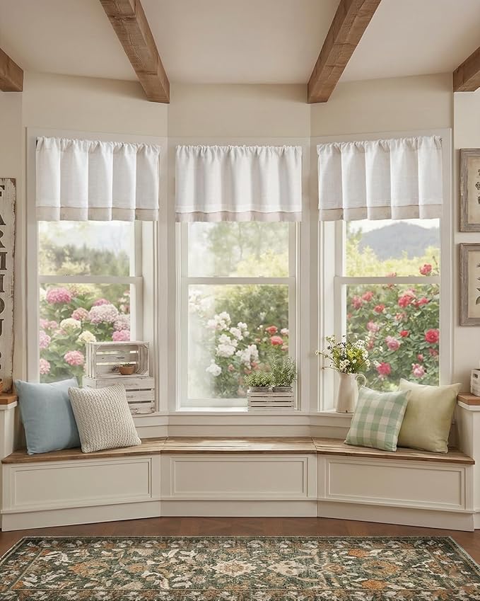 jinchan Curtain Light Filtering Kitchen for Living Room Bedroom Small Windows Valance 18 Inch Double Layer Farmhouse Window Rustic Overlay Rod Pocket 1 Panel Ivory