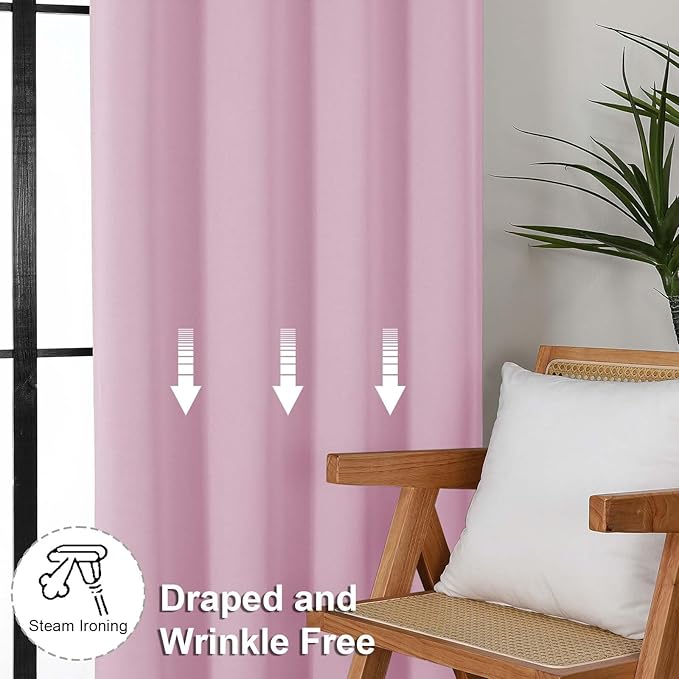 Simplebrand Ava Pink Blackout Curtains for Bedroom 63 Inch Length 2 Panels Set, Solid Thermal Insulated Energy Saving Rod Pocket Window Treatment Curtains Blackout Drapes, W40 x L63 Inch, Pink