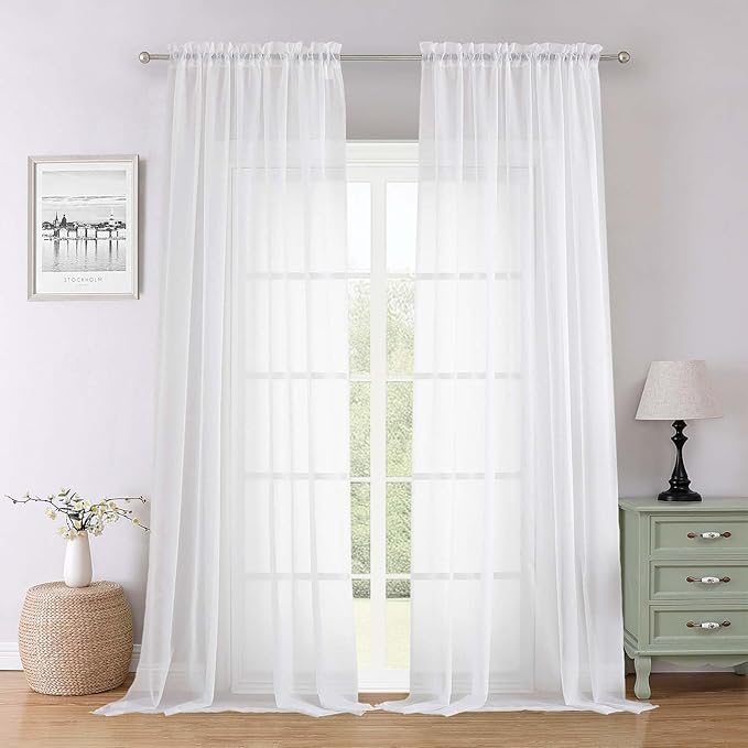 Lecloud Sheer White Curtains 96 Inches Long 2 Panels Set, Solid Airy Voile Dual Rod Pocket Sheer Curtains, Elegant Light Filtering Window Curtain Drapes for Living Room Garden, 59" W x 96" L