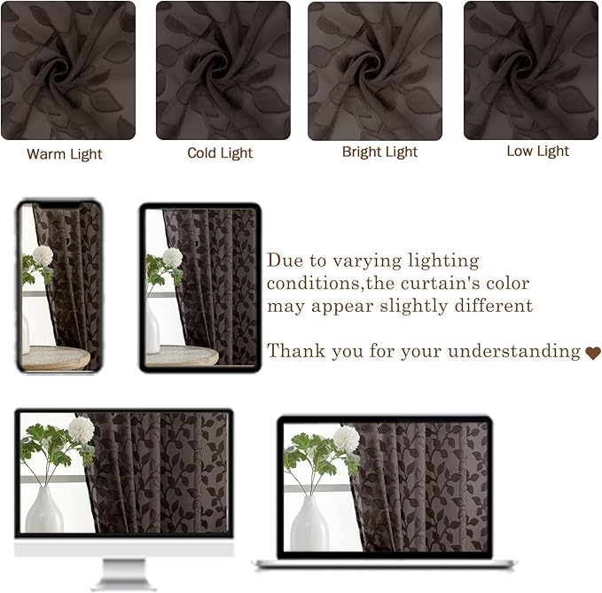 Chyhomenyc Chocolate Sheer Curtains 90 Inch Length 2 Panels Set, Light Filtering Tufted Textured Soft Airy Rod Pocket Gentle Leaf Window Treatment Drapes for Bedroom Living Room, 52" Wx90 L, 2PCS