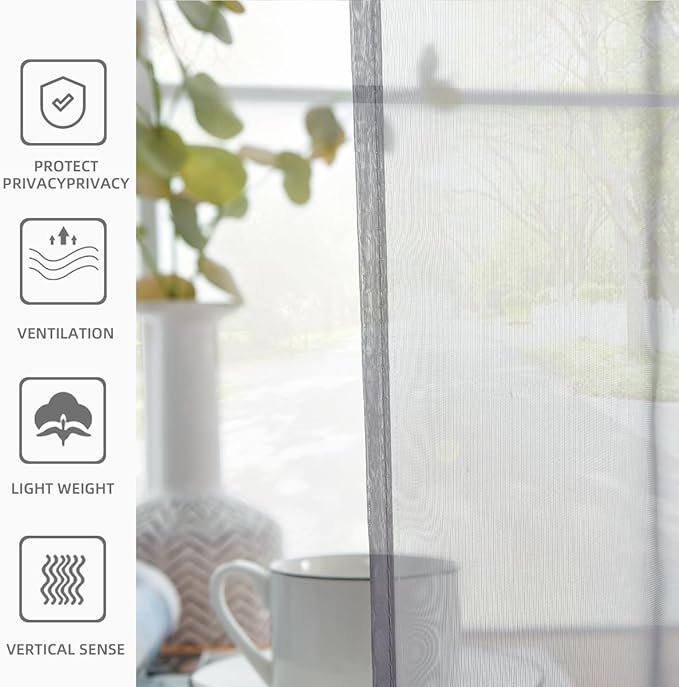 youleyar Solid Sheer Rod Pocket Curtain Voile Draperies 2 Panels White Beige Black Grey Coffee 70 Inch Width 63 Inch Long 1 Pair for Kitchen Bedroom Children Living Room Yard(Grey,70Wｘ63L)