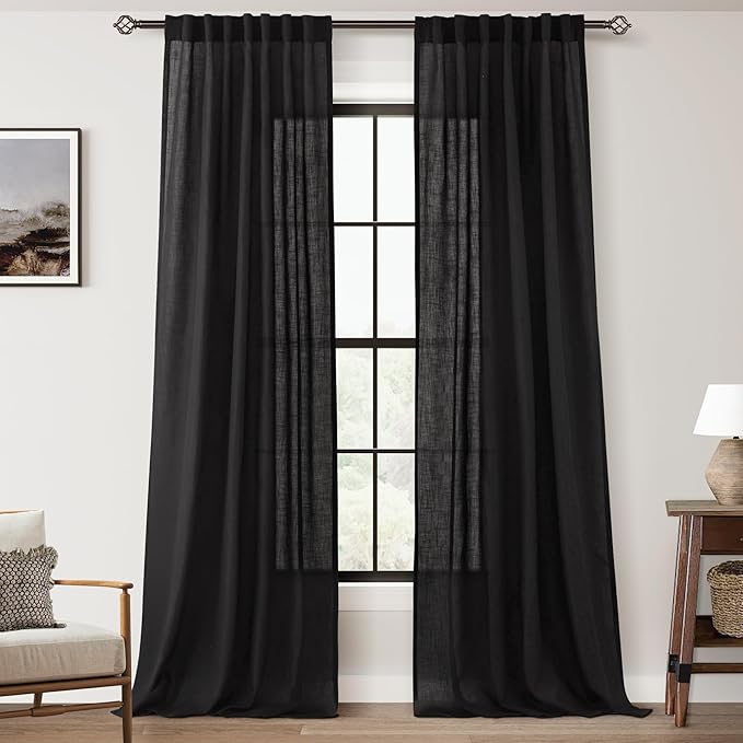 Black Linen Curtains 144 inches Long for Bedroom Back Tab Light Filtering Privacy Semi Sheer Black Curtains Living Room Boho Rustic Farmhouse Cotton Textured Gauze Curtain 2 Panel Set