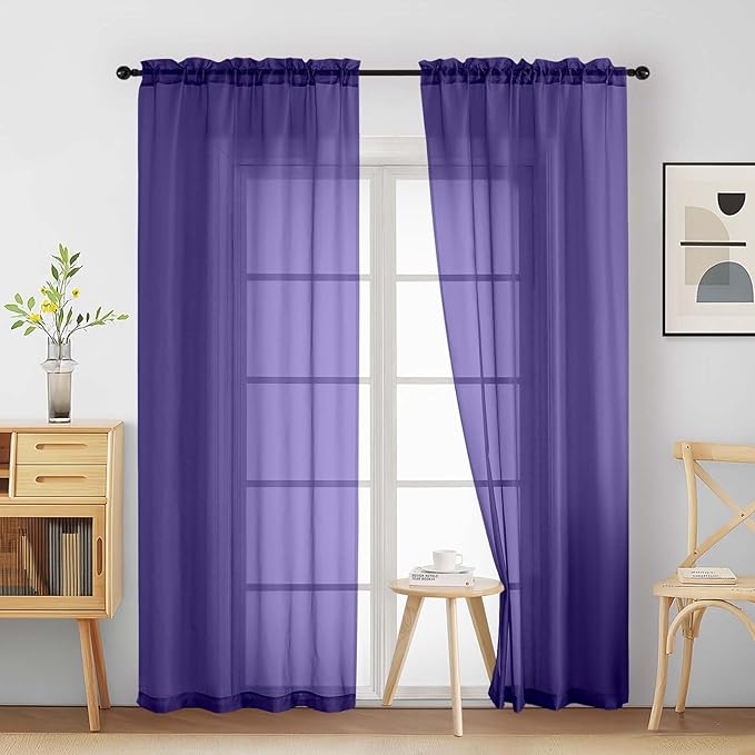 Purple Sheer Curtains 84 Inches Long 2 Panels, Elegant Airy Transparent Light Filtering Window Curtains, Window Drapes for Living Room Bedroom, Top Dual Rod Pocket Design, 2x42Wx84L Inches