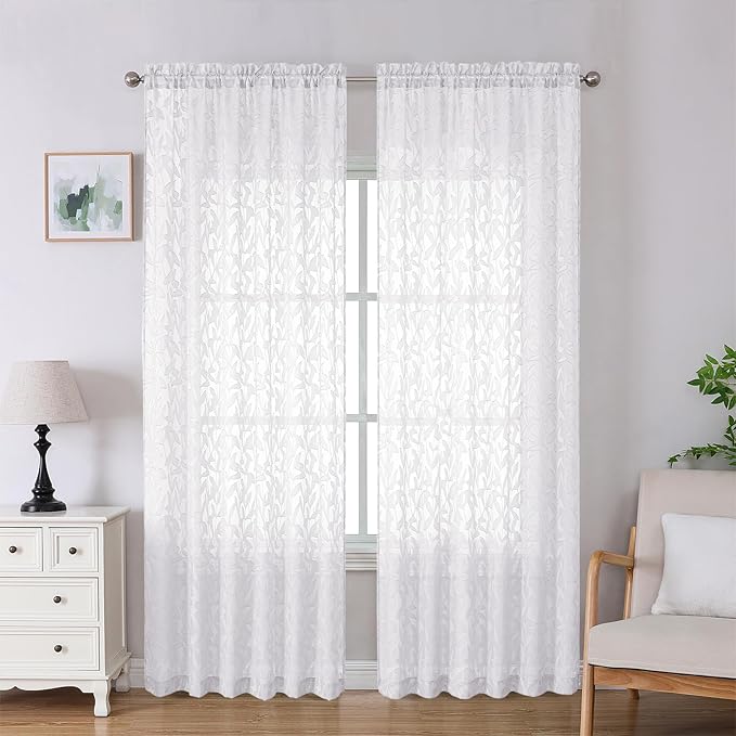 Lecloud Leia White Sheer Curtains 90 Inches Long 2 Panels, Airy Voile Jacquard Leaf Textured Curtains, Light-Filtering Farmhouse Rod Pockets Curtain Drapes for Bedroom Living Room, 52" W x 90" L