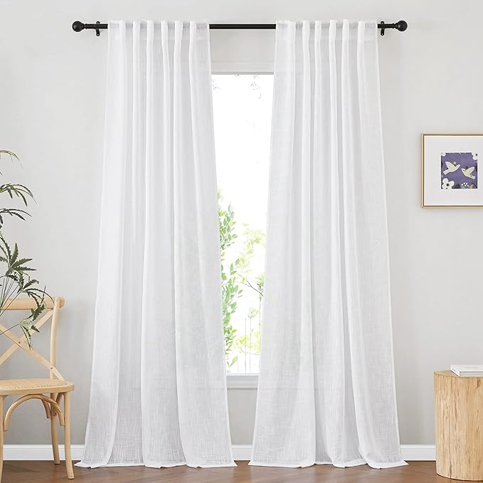 NICETOWN White Sheer Linen Curtains for Living Room, Rod Pocket & Back Tab Sweep to Floor Window Treatments Semi Sheer Drapes Privacy for Patio Door/Hall, 2 Panels, W52 x L95