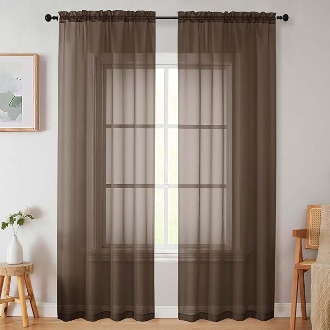 Sheer Chocolate Curtains for Bedroom Living Room 90 Inches Long 2 Panels Set, Soft Airy Light Filtering Sheer Window Treatments, Modern Rod Pocket Curtains Drapes, Each 42" Wx90 L Inch