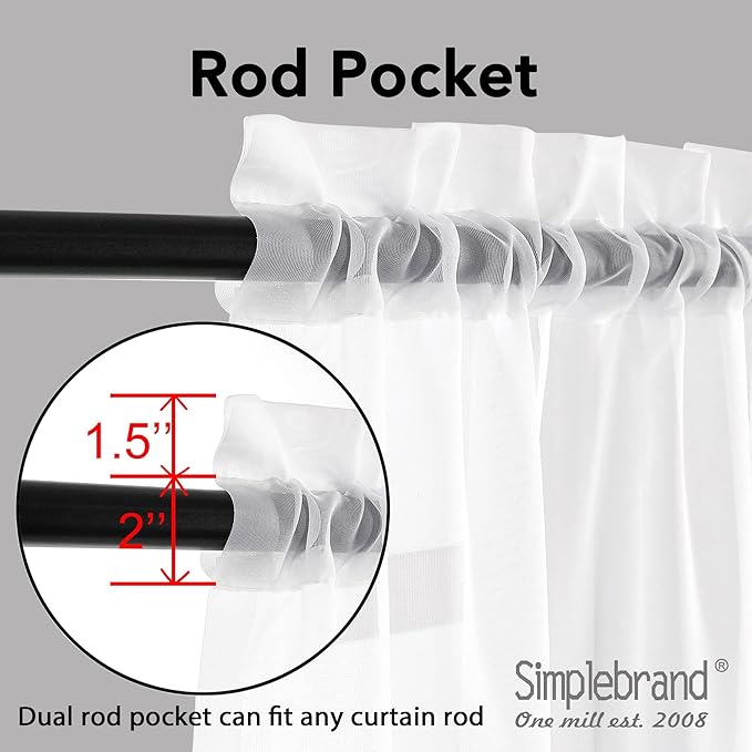 Simplebrand Sheer White Curtains 96 Inches Long, Light Filtering Rod Pocket Solid Color Window Sheer Curtain Panels, Elegant Curtains & Drapes for Living Room, Bedroom 2 Panels (White, 42" W x 96" L)
