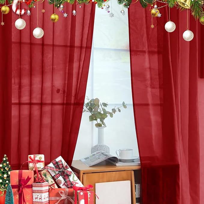Youleyar Solid Sheer Rod Pocket Curtain Voile Draperies 4 Panels White Beige Black Grey Ivory 52 Inch Width 108 Inch Long 1 Pair for Kitchen Bedroom Children Living Room Yard(Christmas Red,52 Wｘ108 L)