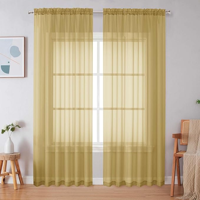 Simplebrand Gold Sheer Curtains 90 Inches Long 2 Panels, Light Filtering Rod Pocket Solid Color Window Sheer Curtain Panels, Elegant Curtains & Drapes for Living Room, Bedroom, 59" W x 90" L