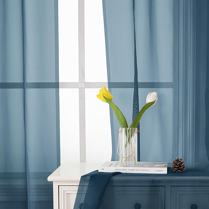 Lecloud Dusty Blue Sheer Curtains 84 Inches Long 2 Panels, Light Filtering Voile Curtain Drapes for Bedroom Windows, Dual Rod Pocket Living Room Window Treatments, 40" W x 84" L