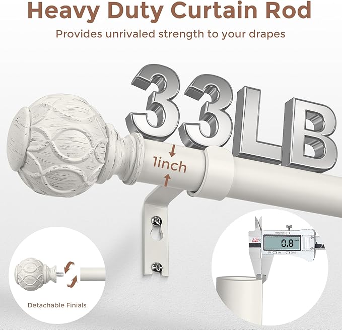 2 Pack Antique White Curtain Rods for Windows 48 to 84 Inch, Adjustable Vintage Decorative 1 Inch Heavy Duty Curtain Rod, Rustic Farmhouse Drapery Pole with Boho Netted Texture Flower Finials