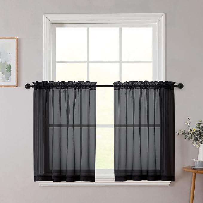 Black Kitchen Curtains 30 Inch Length Tier 2 PCS, Solid Soft Airy Half Curtains for Windows, Black Sheer Rod Pocket Drapes for Bathroom Basement Small Window, 42" Wx30 L Inches
