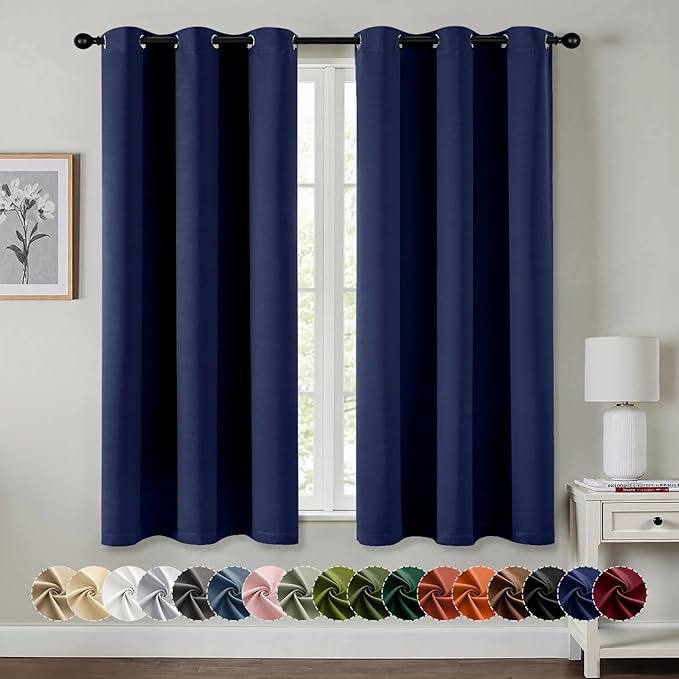 MIULEE Navy Blue Blackout Curtains for Bedroom Living Room 63 Inches Long 2 Panels, Thermal Insulated Room Darkening Drapes Solid Grommet Noise Reduction Light Blocking Window Treatments 34x63 Inch