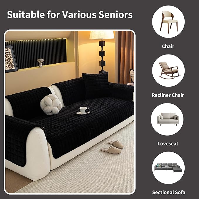 Velvet Couch Cover, Plush Sectional Sofa Cover Washable, Anti Slip Sofa Slipcover for 3-4 Cushions Sofas, Furniture Protector Covers for Pets & Kids(1PC, Black, 35.4"×82.6", 3-4 Seater)